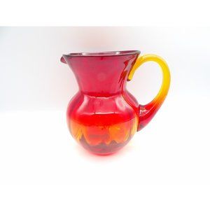 Vintage Amberina Hand Blown Art Glass Pitcher Red w Yellow Handle 6 1/4" H Glows